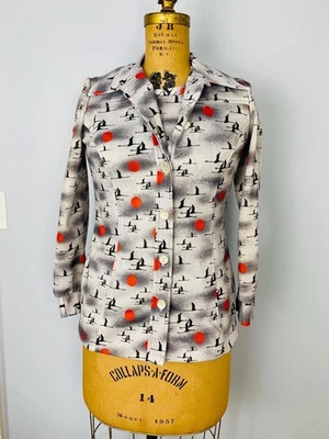 Camisa abotonada estampada de novedad vintage con carcasa a juego para mujer XS/S grúas, sol Foto 1 de 4