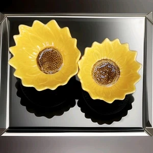 2er Set Robert Stanley Sonnenblumen Blütenblatt Schalen Keramik gelb & braun strukturiert - Bild 1 von 14