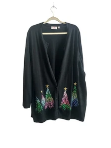 Quacker Factory Cardigan Sweater Women’s Black & Multicolor Christmas Trees 3X - Picture 1 of 9