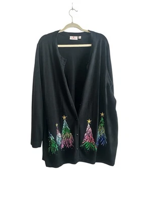 Quacker Factory Cardigan Sweater Women’s Black & Multicolor Christmas Trees 3X - Image 1 of 4