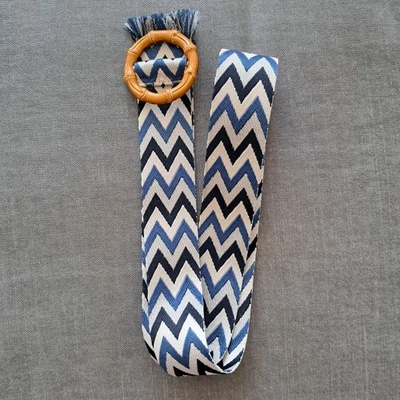 Gürtel, N.N., blau/grau/weiß/schwarz, Fransen, Stoff, Kunststoffschnalle, neu - Bild 1 von 2