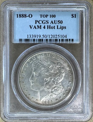 1888 O Morgan Silver Dollar US Coin PCGS AU50 VAM4 Hot Lips TOP 100 - Image 1 of 4