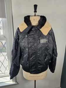 Vintage Chevignon Flying Bomber Jacket Men's XL Black Fur Hood Padded Pilot - Picture 1 of 19