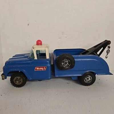 Vtg Buddy L Tow Toy Truck Wrecker 1960s Flat Tire Tow Hook Unrestored Blue Nice - Image 1 of 4
