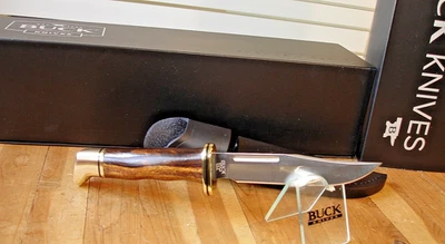 NIB BUCK KNIFE 117 BRAHMA BCCI IRONWOOD BURL HANDLE 420HC BLADE LEATHER SHEATH - Image 1 of 4