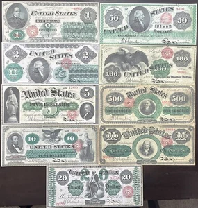 Reproduction 1862 1863 Legal Tender Notes $1-$1000 Complete Set See Description! - Picture 1 of 14