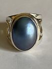 Vintage Sterling Silver Celtic Style Blue Tone Nacre Pearlescent Cabochon Ring P