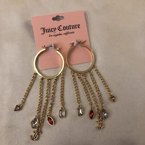 Juicy Couture Gold Tone Hoop Chandelier Earrings Fringe Chains With Charms  NWT - Picture 1 of 11