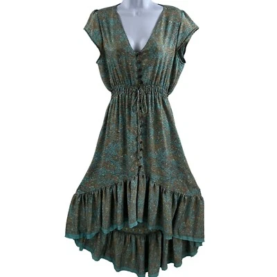 Vestido midi de colección 100 % seda L alto bajo con volantes dobladillo estampado único de Luck Star Ibiza Foto 1 de 4