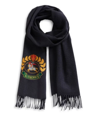 100% AUTHENTIC NEW WOMEN BURBERRY CASHMERE BLUE EMBROIDERED CREST SCARF  - Image 1 of 4