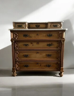 Antique Solid Pine French Style Marble Top Dresser Washstand Chest Of Drawers - Image 1 of 4