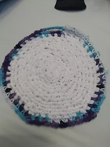 Knitted Dish Cloth / Wash Cloth - violet~ teal ~white~ purple new handmade 7.5" - Picture 1 of 5