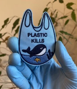 Protect The Ocean Environmentalist “Plastic Kills” Iron On Sew On Patch NEW - Picture 1 of 2