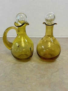 Vtg Hand Blown Art Glass Amber Perfume Cruet Bottle With Clear Stopper Set 2 - Picture 1 of 15