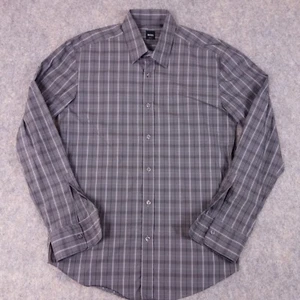 Hugo Boss Button Up Shirt Large Slim Fit Gray Plaid Cotton Stretch Casual Mens - Picture 1 of 9