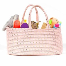 Baby Rope Diaper Caddy Organizer - Premium Large Hand Woven Pink Rope Organizer