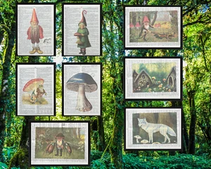 Mushrooms and Gnomes Dictionary Prints Wall Decor Set 8 Upcycled Home Decor Art - Picture 1 of 7