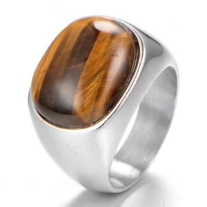 Nice Men's Solid Heavy Stainless Steel Manmade Tiger's Eye Ring Size 7-13 Gift - Picture 1 of 3