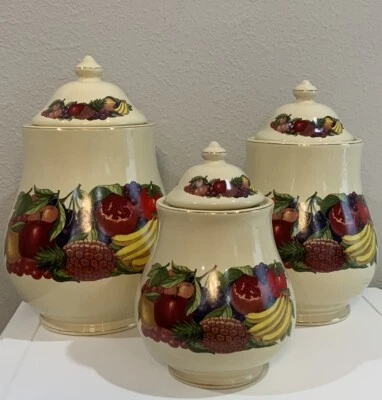 Vtg Cream Colorful Fruit Rubber Seal Lids Gold Accent Canister Set Of 3 Tiered - Image 1 of 4
