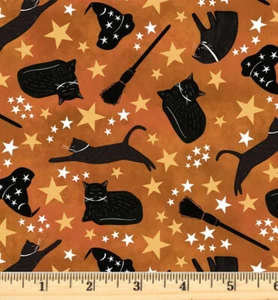 Practical Magic Orange Cat Toss Halloween Fabric 5362 O Half yard continuous cut - Picture 1 of 4