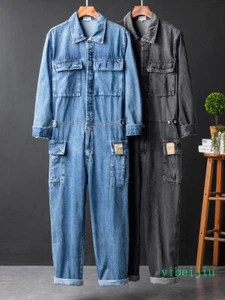 Retro Denim Jumpsuits Workwear Men's Straight Leg Loose Hip-hop One-piece Jeans - Picture 1 of 14
