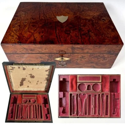Antigua caja de costura francesa c. 1820 era Napoleón Palais Royal Burl de madera ajustada Foto 1 de 4