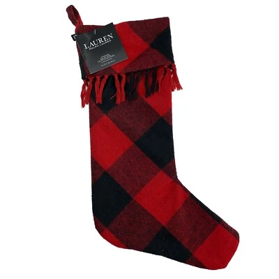 Ralph Lauren Wool Christmas Stocking Red & Black Buffalo Plaid w/ Tassels - Image 1 of 4