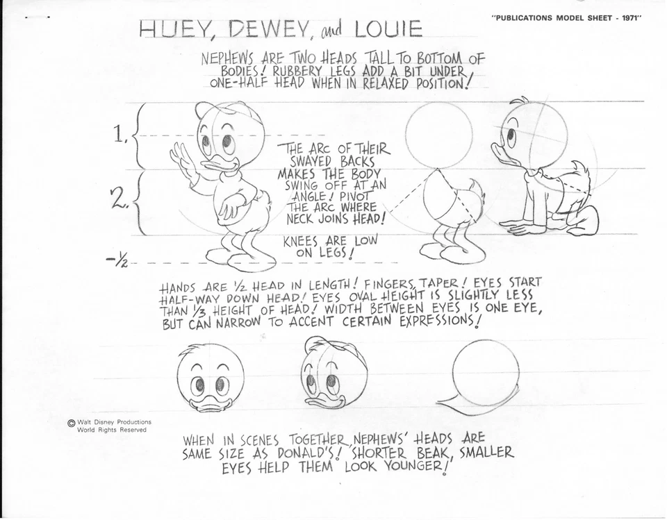 Hoja Modelo Publicaciones Disney 1971 Huey, Dewey y Louie Animación Arte UF Foto 1 de 1