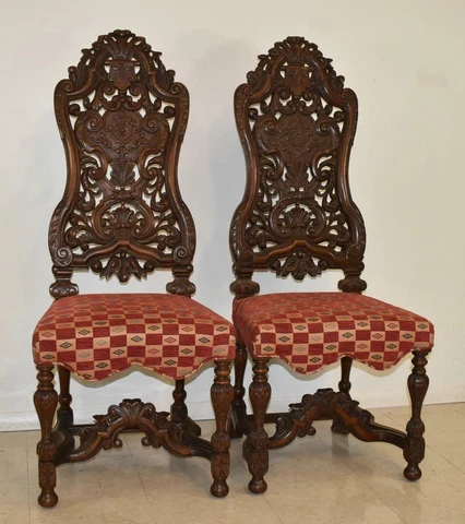Pair Vintage Edwardian Style High Back Carved Side Chairs Cover