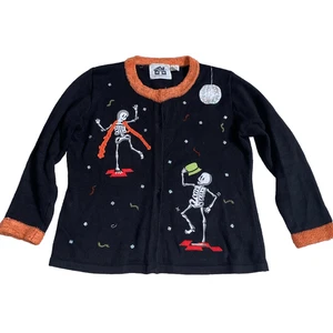 Vtg Storybook Knits Sweater Halloween Cardigan Skeleton Moon Black Cute Small - Picture 1 of 8