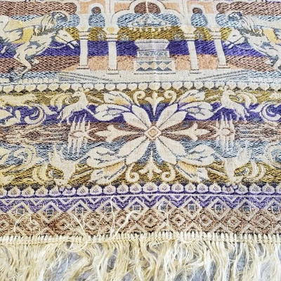 Vtg Woven Tapestry Wall Hanging Horse Floral Scene Gold Blue Ivory Fringe Boho - Image 1 of 4