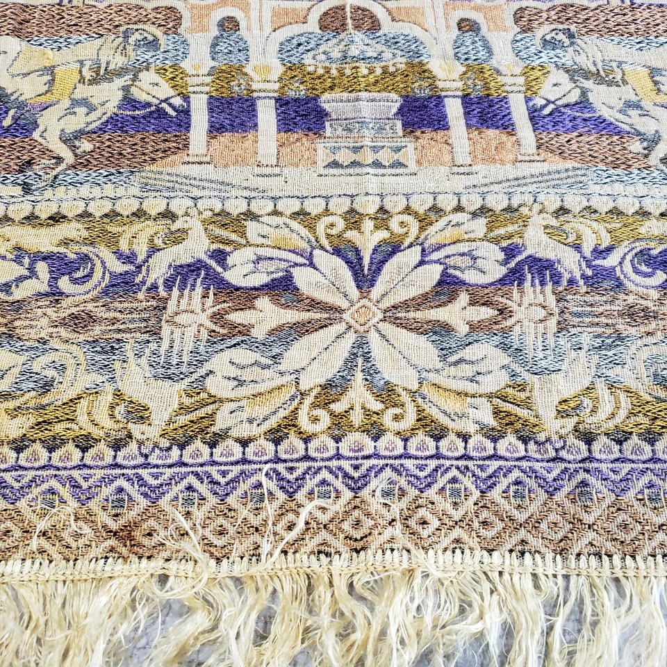 De Colección Tapiz Tejido Colgante de Pared Caballo Floral Escena Dorado Azul Marfil Flecos Boho Foto 1 de 4