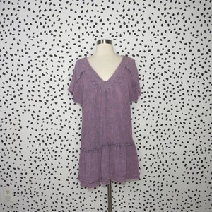 Weiche Umrandung lila Lilie-Rose Boho Gaze V-Ausschnitt Tunika Top Damen Gr. M - Bild 1 von 9