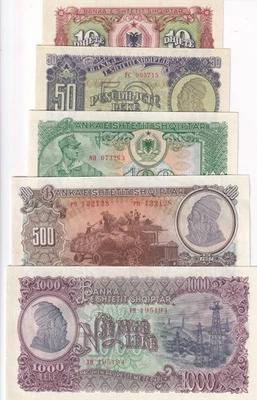 Albania Set 5 AUnc 10 50 100 500 1000 Leke 1957 P 28 29 30 31 32 - Image 1 of 4