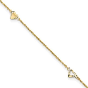 Tobillera Corazones Corte Diamante Oro Amarillo 14k 10" con 1 pulgada de extensión 0,99 gm para mujer - Imagen 1 de 7