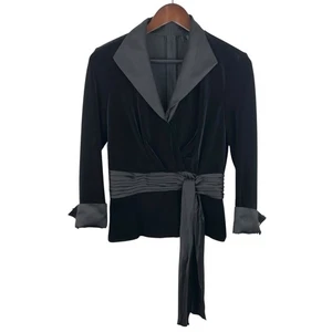 Tadashi Shoji Collection Size Small Black Velvet Satin Waist Tie Blouse Jacket - Picture 1 of 8