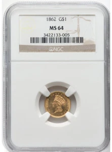 1862 Gold Dollar - Type 3 G$1 NGC MS64 - Picture 1 of 2