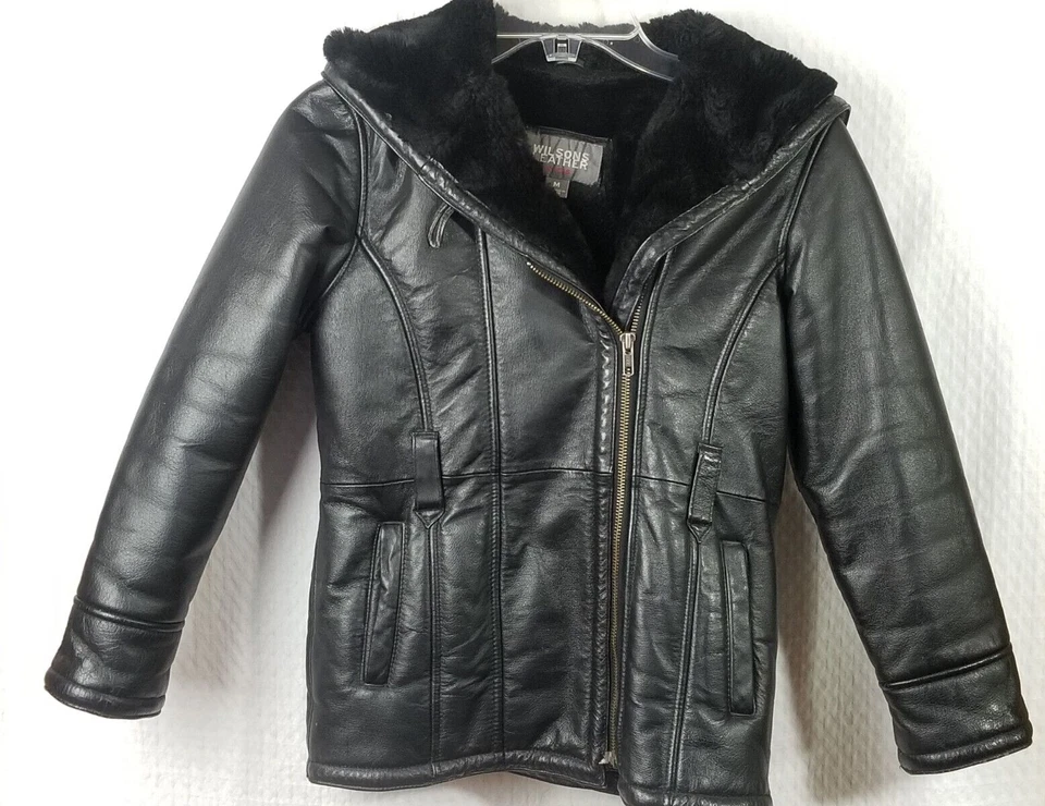 Wilsons Leather Kid' s Black Hooded Coat Fully Lined- Full Zip- Pockets Size M - Image 1 of 4
