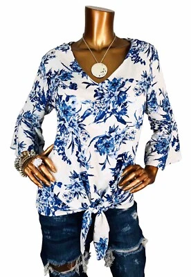 ALYX L Top NWT $49 Floral 3/4 Bell Slvs Hem Tie Front Blouse Soft Low Cut Sheer - Image 1 of 4