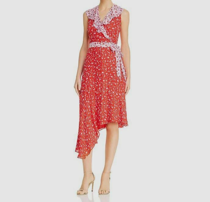 Parker Womens Red Floral Ruffle Asymmetrical Sleeveless Silk A-Line Dress 4