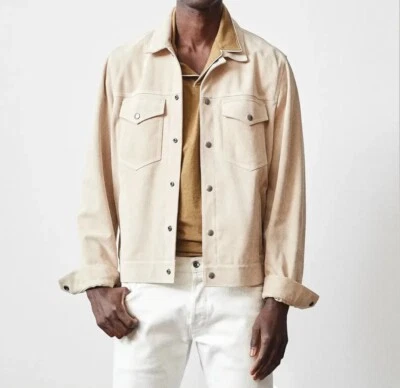 Camisa de camionero de cuero de gamuza beige para hombre hecha a medida talla S M L XL 2XL 3XL Foto 1 de 4