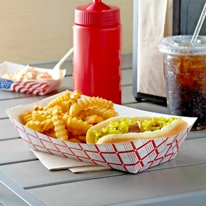 (50 TRAYS) 9 1/4", 5 LB PAPER FOOD TRAYS RED CHECKERED FRENCH FRY/HAMBURGER TRAY - Picture 1 of 5