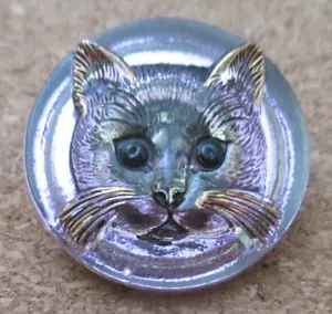 1-Czech Glass Vitrail Lavender Raised Cat Face-Silver Backed Button #144 25.42mm - Picture 1 of 3