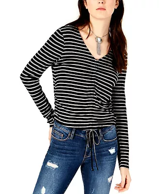 American Rag Women's Black Striped Combo Drawstring Printed Top Size Small $39 - Image 1 of 2