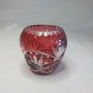 Cranberry Cut To Clear Crystal Vintage -Votive Candle-Vase- palm leaves 🌴 - Picture 1 of 7
