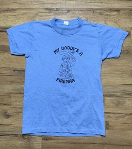Vintage 80s My Dad’s A Firefighter Kids T-shirt Blue Tee Hanes Tag - Picture 1 of 6