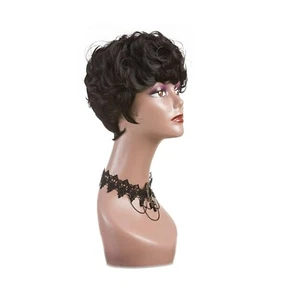 Parrucca corta nera naturale taglio pixie con piccole frange dita sintetiche onda riccia - Foto 1 di 6