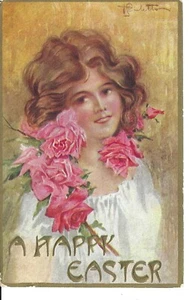 POSTAL DE PASCUA A HAPPY EASTER - ARTÍSTICA FIRMADA CHICA BONITA CON ROSAS EN RELIEVE - Imagen 1 de 2