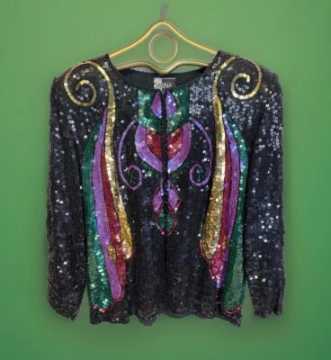 Vtg Carina Sequin Silk Top Sz M Open Front Cardigan Art Deco Hollywood Regency - Image 1 of 4