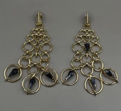 Brincos femininos Alexis Bittar perfurados folheados a ouro facetados cristais cinza glam 3” - Imagem 1 de 4